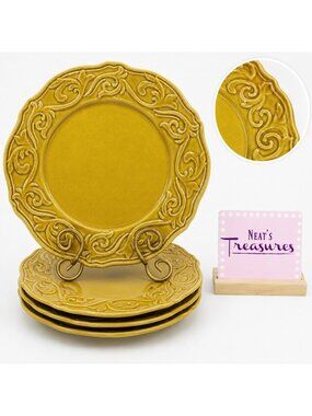 Chris Madden JC Penny CORVELLA GOLD  Emboss Scroll Stoneware Dinner Plate Set 4